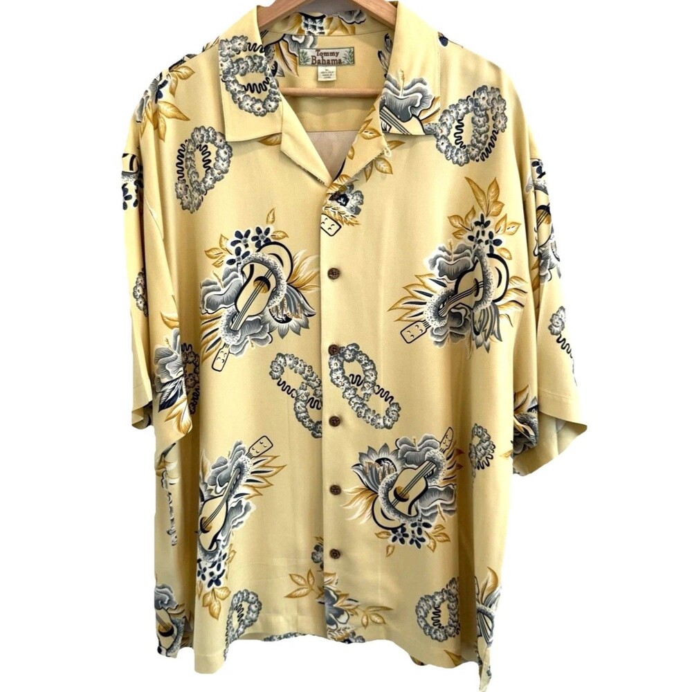 NWOT Tommy Bahama Cream and Gray Floral Guitar Print Button-Down Shirt